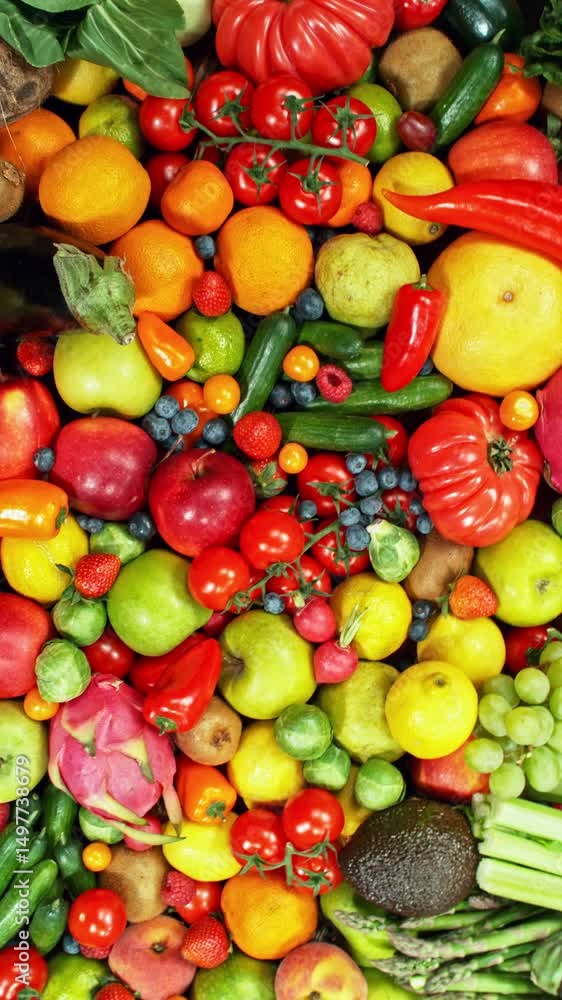 Poster various kind of fresh fruits and vegetable. camera placed on motion control system. filmed on high s