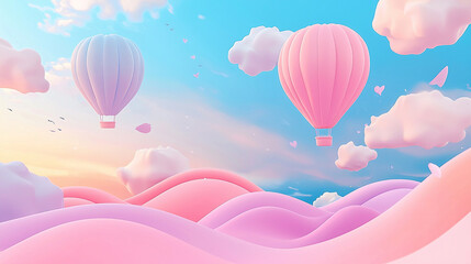 Cute cartoon vector background featuring pastel pink sky with clouds and hot air balloons, flat ocean waves below, in minimalistic style with high detail and no shadows or text.