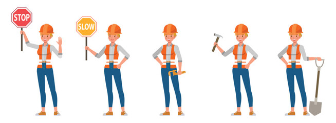 Woman construction worker holding stop, slow sign, hammer and shovel character vector illustration design set.