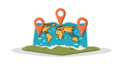 Naklejka premium A stylized illustration depicting a simplified world map rendered in a slightly elevated, three-dimensional perspective. The map is presented in a cartoonish style, featuring a light blue ocean.
