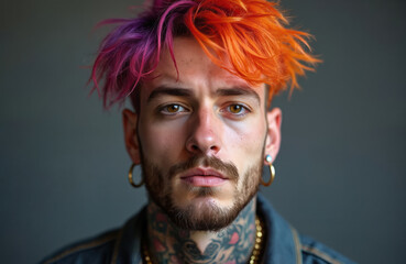 Portrait young man with bright dyed hair, face piercings. Guy wears gold hoop earrings, chain. Artistic tattoos on neck. Modern look, self-expression, fashion statement. Close-up face on gray