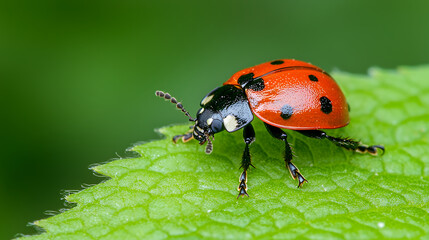 Fototapeta premium Vibrant red ladybug with black spots is perched on green leaf, showcasing its intricate details and natural beauty