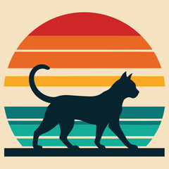 Retro Sunset Cat Silhouette Vintage Style Feline Artwork