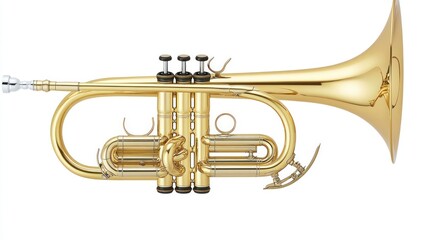 Fototapeta premium A golden brass cornet with a shiny finish on a white background.