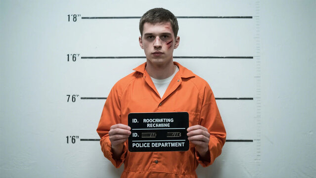 Young man in orange jumpsuit mugshot serious expression intense gaze