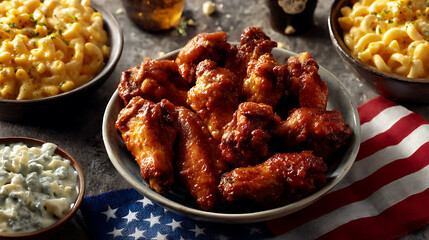 Delicious BBQ Chicken Wings with Sides of Mac and Cheese and Sauce