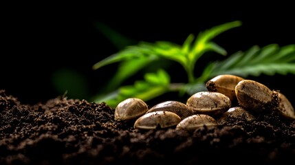 Cannabis Seeds Sprouting: A Close-Up View of Hemp Seeds in Rich Soil