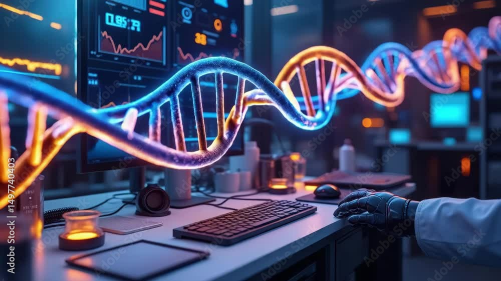 Poster a scientist with a robotic hand analyzes a glowing dna strand in a high-tech laboratory filled with 