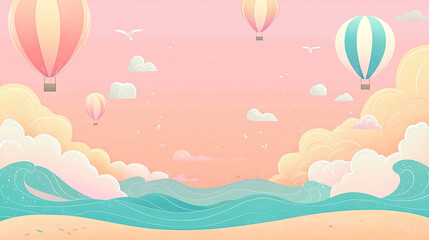 Cute cartoon vector background featuring pastel pink sky with clouds and hot air balloons, flat ocean waves below, in minimalistic style with high detail and no shadows or text.