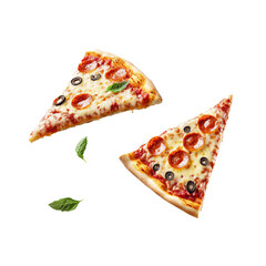Pepperoni pizza slices flying isolated on white background. Cheesy pizza slices floating isolated. Falling pizza slices,