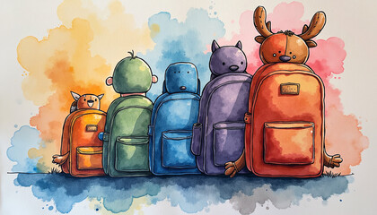Three colorful backpacks rest against a watercolor background, representing readiness for adventure, learning, and exploration.