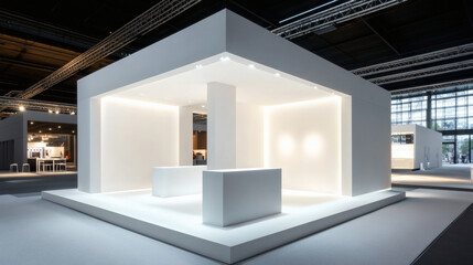 3d white stand booth for presentation event mockup. Empty expo business cube corner kiosk retail background set.