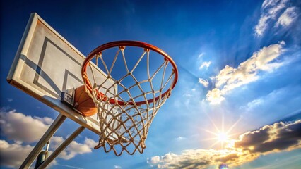 A basketball enters the hoop against a vibrant sky filled with radiant sunshine and fluffy clouds