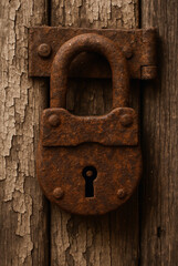Aged Lock on Peeling Wooden Surface