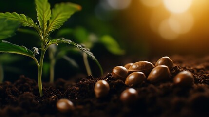 Cannabis Seedlings and Seeds in Soil: A Close-Up View of Young Cannabis Plants Emerging from the Ground, Surrounded by Their Seeds.  A Symbol of Growth and Potential.