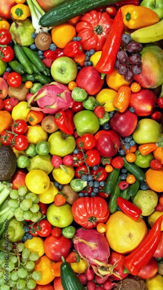 Aufkleber various kind of fresh fruits and vegetable. camera placed on motion control system. filmed on high s