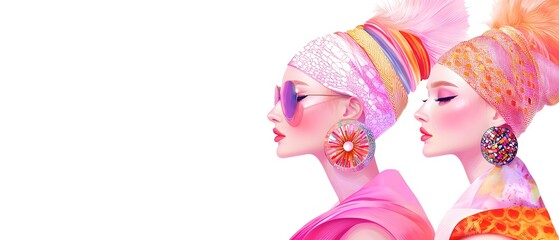 Fototapeta premium Two women wearing pink and orange hats and sunglasses