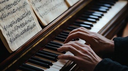 Hands playing piano with sheet music. Focused, cultured and relaxing mood.