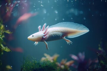 Beautiful aquatic creature with frilly gills and smooth skin gracefully swimming in a vibrant underwater habitat, showcasing natural colors and serene environment