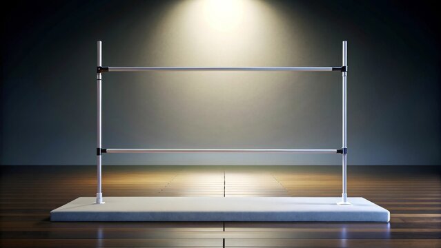 A minimalist display stand with two parallel bars, illuminated by a single spotlight on a hardwood floor