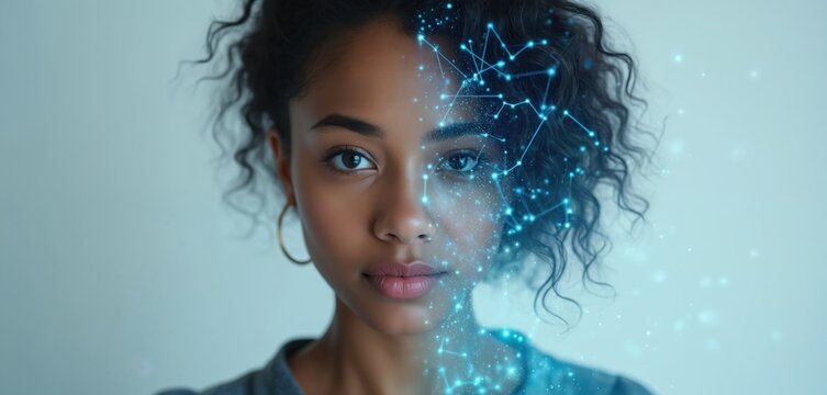 Young woman face with digital overlay. Deepfake AI concept. AI technology, data processing, face recognition and machine learning. Digitalization, neural network, futuristic look, innovation.