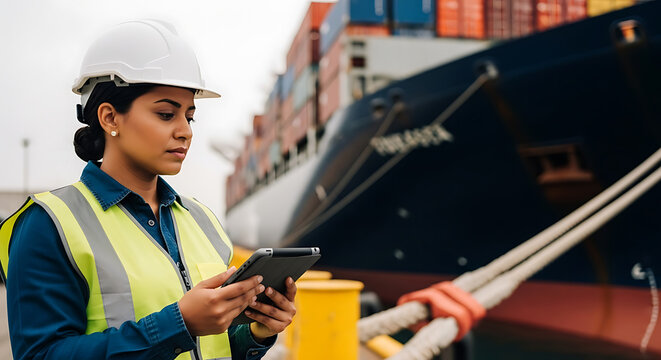 Port Authority: Female Worker Inspecting Cargo Ship with Tablet