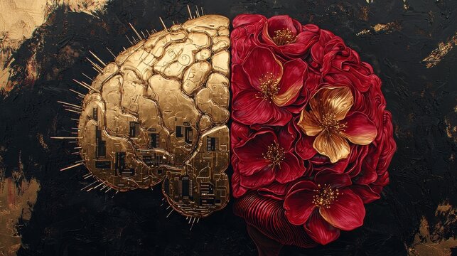 A captivating artwork merging a gold circuit brain with vibrant red floral elements.