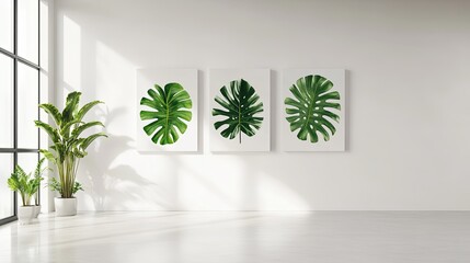 Large tropical leaves hanging on a plain white wall.