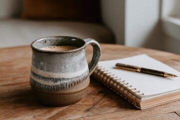 Cozy coffee cup on a wooden table next to an open notebook and a pen, perfect for a warm morning routine or a creative workspace setting for inspiration.