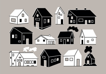 Various black and white small and tiny houses of different shapes, sizes and angles in cartoon comic style. Creative hand drawn vector retro illustration houses, buildings, windows, doors, roofs.