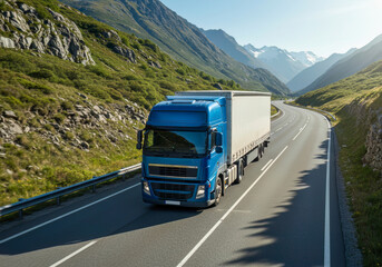 Obraz premium Blue Semi Truck Driving on Mountain Highway Scenic Route Logistics Transportation