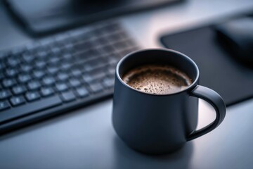 Black coffee cup on a desk with a keyboard and mouse in the background, creating a cozy workspace atmosphere ideal for productivity and focus during work hours.