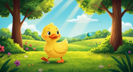 Adorable Cartoon Duckling in a Sunny Meadow Illustration