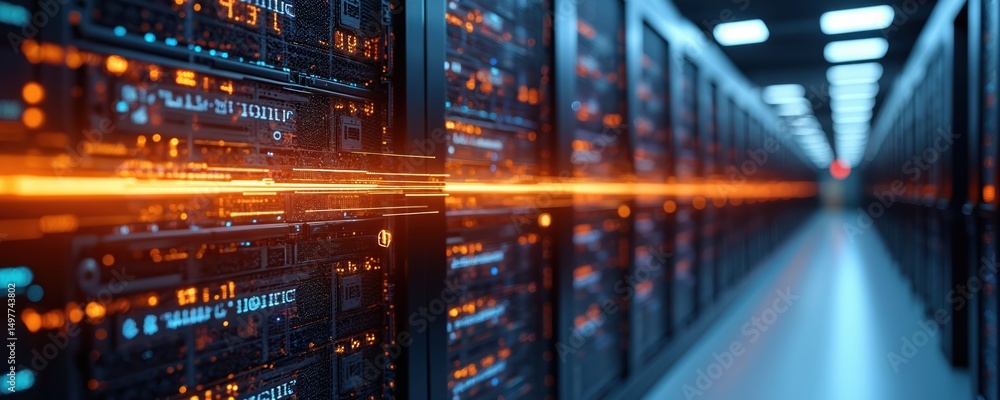 Poster futuristic data center with server racks. ai-generated image. modern digital tech environment. compu