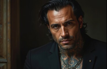 Fototapeta premium Attractive man in black suit, sensual look. Mafia boss with tattoo, chain. Confident person looks directly. Face closeup of wealthy, rich, dominant, charismatic Italian. Dark, piercing gaze shows