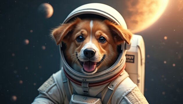 Dog in spacesuit floats outer space. Funny pet astronaut wearing helmet, smiles, explores planets, stars, cosmos. Canine cosmonaut on mission. Funny AI generated image. Cute animal floating.