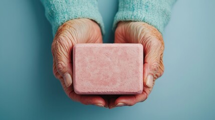 Elderly hands gently holding a pink bar of soap against a soft blue background.