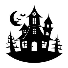 Silhouette of a haunted house with bats and moon