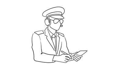 Airplane captain in uniform, continious line drawing. Airport outline, air transport crew line art. Vector illustration on white background