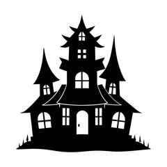 Silhouette of a spooky haunted house with many windows