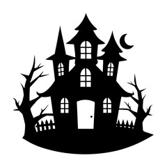 Silhouette of a spooky haunted house with moon above