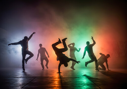 Energetic Breakdancers Silhouette Dynamic Performance Colorful Stage Lighting