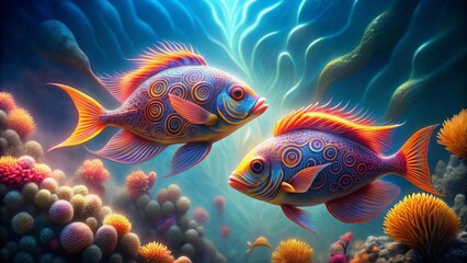 Fototapeta premium Vibrant Ocean Fish Pair in a Colorful Coral Reef Habitat with Intricate Patterns and Fin Details