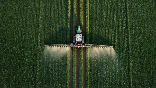 Aerial View of Tractor Spraying Crop: A red tractor sprays a crop from above in a vast, green field, showcasing modern agricultural technology and the scale of farming operations.