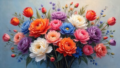 Oil painting of vibrant flower bouquet. Roses, peonies, tulips, poppies, mix of bright colors, artistic floral artwork. Beautiful illustration, botanical composition, modern design. Ideal for home