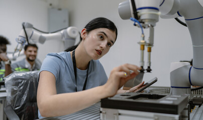 Hispanic engineer woman working on AI technology in robotics electronics engineering laboratory. University students' research project is programming robot machine with intelligent mechanical control