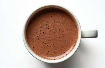 Top view of hot chocolate mug on white background. Creamy beverage in white ceramic cup. Morning drink, refreshment. Mocha, espresso, cappuccino, latte, chocolate drink. Tasty, delicious breakfast,