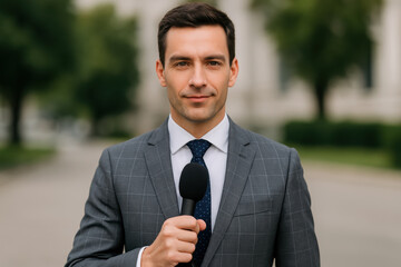 Confident young male reporter standing outside holding microphone wearing business suit during daytime