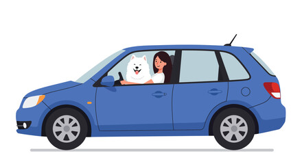 Woman Driving Car with Happy Dog in Backseat