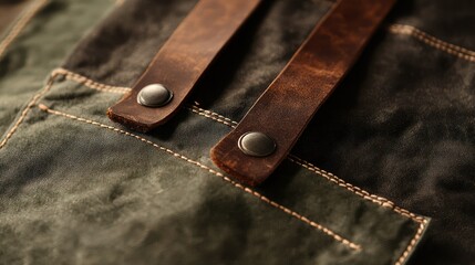 Close-up of a rustic waxed canvas apron with leather straps and metal rivets.